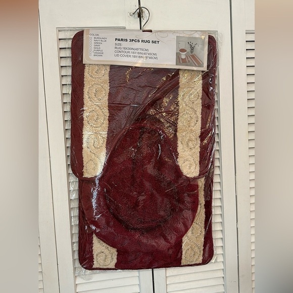Burgundy 3pc Bathmat Set Non-Slip Absorbent mat -contour Rugs, Toilet cover - Picture 3 of 13